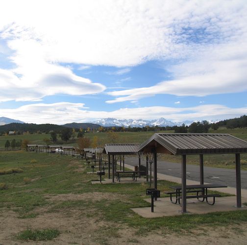 Ridgway State Park picnic shelters with Sneffels Range