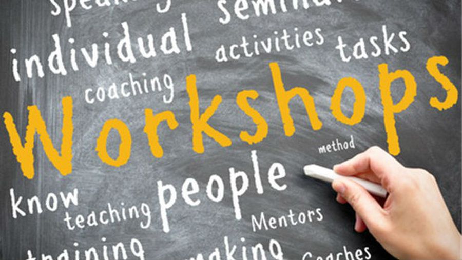 Image of blackboard with words used to describe workshops.